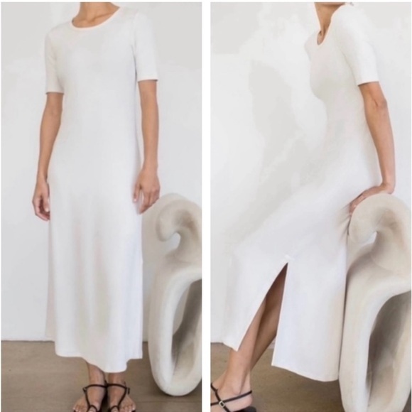 Ayr Dress The Moderne Midi Ribbed Crewneck Short Sleeve In White